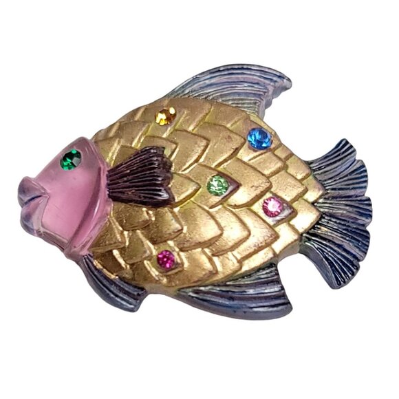 Art Pink Book Piece Lucite Plastic Multi-Color Rhinestone Fish Brooch - Picture 6 of 6